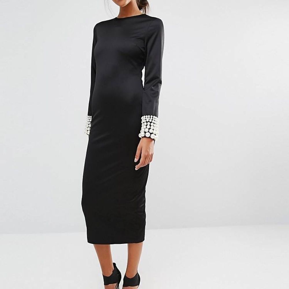 Asilio Black Long Sleeve Midi Dress Faux Pearl Cuffs Sheath LBD Crew Neck